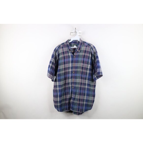 Vintage 90s Streetwear Mens XL Faded Cotton Weave Knit Button Down Shirt Plaid - Picture 1 of 11